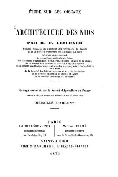 Architecture des nids – F. Lescuyer – 1878