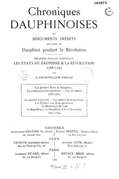 Chroniques dauphinoises et documents inédits relatifs au Dauphiné pendant la Révolution – Aimé Champollion-Figeac – 1795