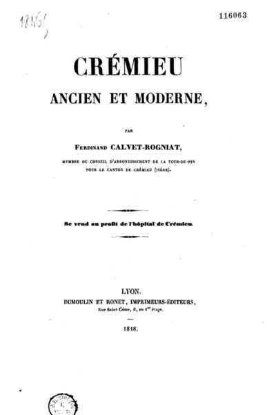 Crémieu ancien et moderne – Ferdinand Calvet-Rogniat – 1848