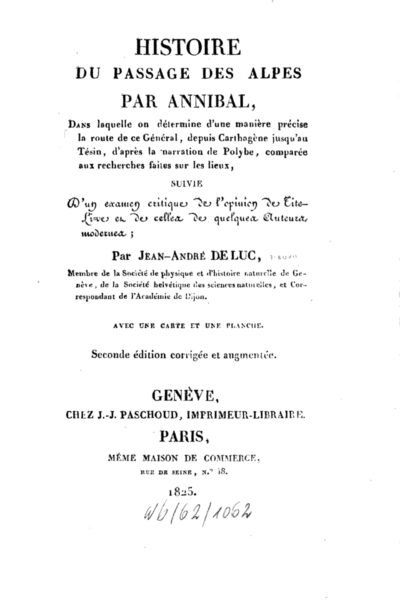 Histoire du Passage des Alpes par Hannibal – Jean André de Luc – 1919