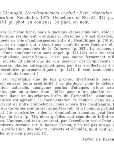 L’environnement végétal, flore, végétation et civilisation – Lieutaghi  Pierre – 1972