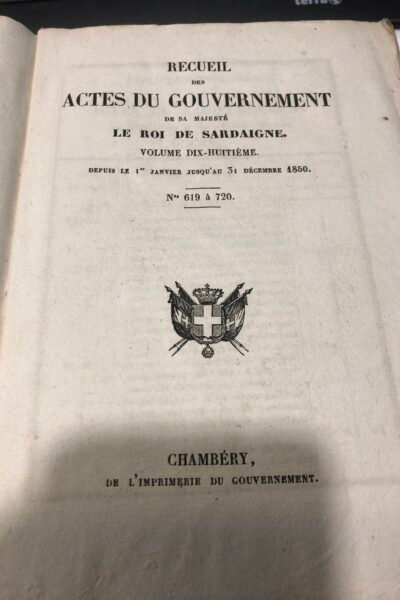 Recueil des actes du gouvernement de sa majesté le Roi de Sardaigne – Victor Emmanuel II – Année 1850