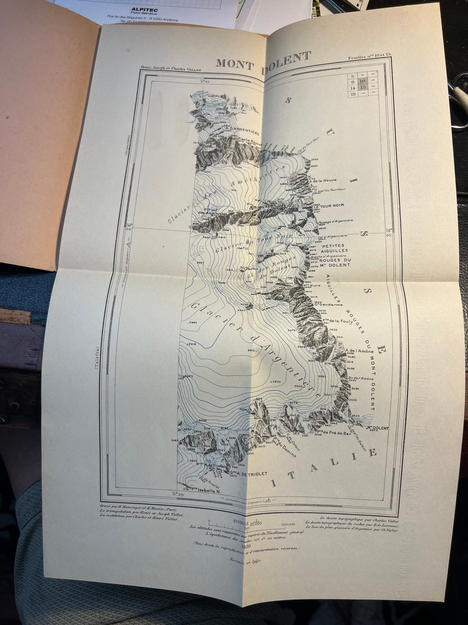 Carte du massif du Mont-Blanc 1:20 : Mont Dolent - VALLOT Henri, Joseph et Charles - 1940
